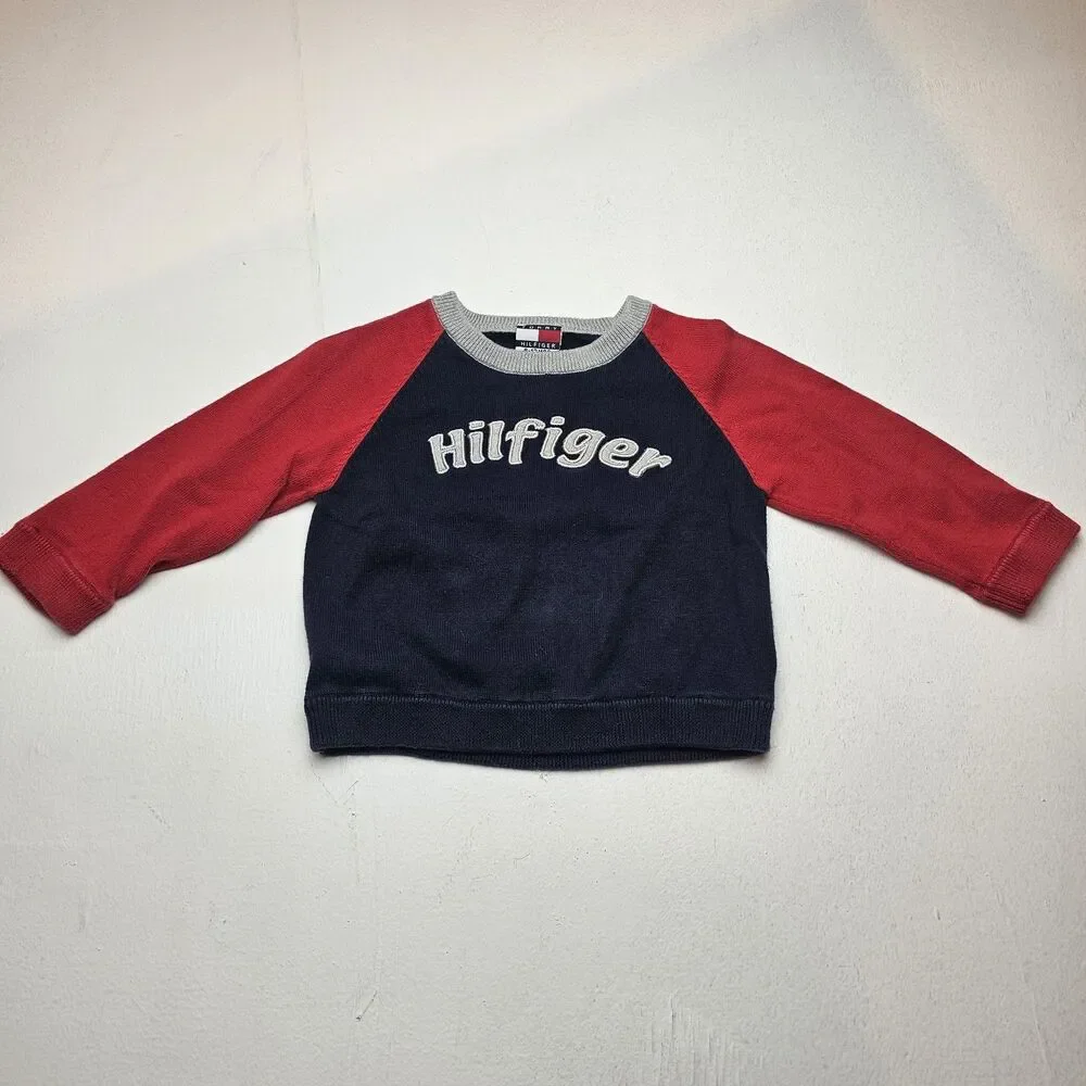 Vintage Tommy Hilfiger Baby Sweater 6-12M Navy/Red/Gray Colorblock Crew Logo